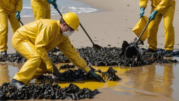 Et team mennesker i gule drakter rydder opp etter en oljeutslipp på en strand.