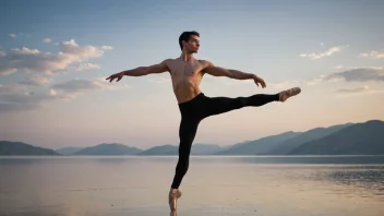 En mannlig balettdanser i en klassisk pose, med en vakker bakgrunn