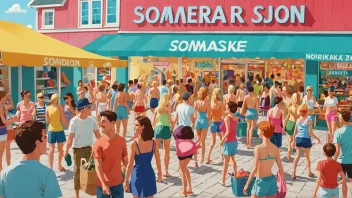 En fargerik illustrasjon av en sommersalg med et stort banner som leser 'Sommeraksjon' på norsk, med mennesker som handler og har det gøy i bakgrunnen.