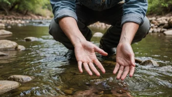 En person i en elv eller bekk, som prøver å fange fisk med bare hendene