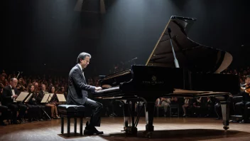 En verdenspianist med et selvbevisst uttrykk spiller et stort piano på en konsertscene med et stort publikum