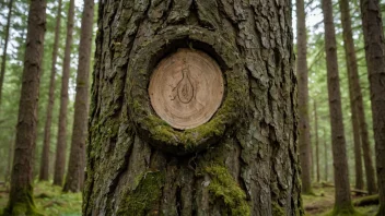 En norsk skog med et rydningsmerke på et tre, som indikerer et ryddet område.