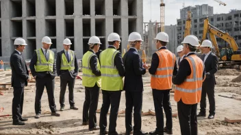 Et bilde av en byggeplass med en gruppe mennesker i dresser og hardhatter, som representerer en byggherreorganisasjon.