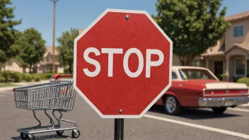 Et rødt stoppskilt med en handlekurv i bakgrunnen, som symboliserer en stopp i kjøp.