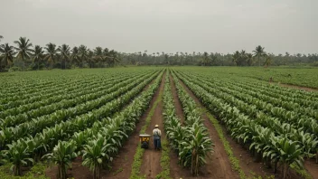 En bananplantasje med mange banantrær og noen arbeidere som høster bananer