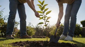 En person planter et tre i en hage.