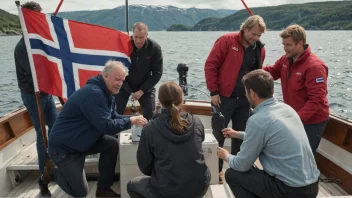 En gruppe mennesker som jobber sammen på en båt, med et norsk flagg i bakgrunnen.