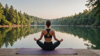 En person som praktiserer yoga utendørs i en fredelig omgivelse med en rolig innsjø og trær i bakgrunnen.