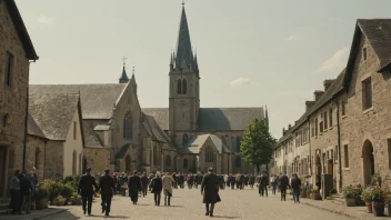 En stor, gammel kirke med et høyt tårn, omgitt av en liten by eller landsby, med mennesker som går mot kirken.