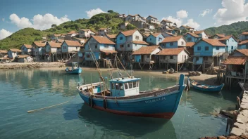 En illustrasjon av en fiskebåt som mottar økonomisk støtte fra regjeringen, med en subtil bakgrunn av en fiskeby.