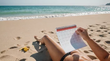 En person som slapper av på en strand med en kalender i bakgrunnen, hvor feriedagene er markert.