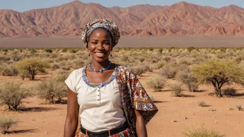 En namibierinne i tradisjonell klesdrakt, smiler og står foran et vakkert namibisk landskap.