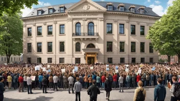 Et bilde av Scientologikirken i Oslo, med en folkemengde utenfor som protesterer mot bevegelsen.