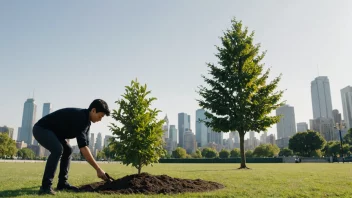 En person planter et tre i en park med en bysilhuett i bakgrunnen, symboliserer miljøbedring