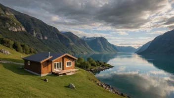 Et tradisjonelt norsk fjordgjestgiveri med tre-eksteriør og gresskledd tak, omgitt av trær og med utsikt over en fredelig fjord