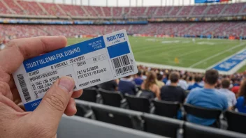 En person som holder en billett til en sportskamp, med et stadion eller en arena i bakgrunnen.