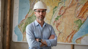 En geolog i en lederrolle, stående foran et geologisk kart eller en boreplass.