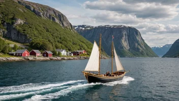 En tradisjonell norsk båt seiler langs norskekysten.