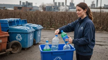 En person som resirkulerer en plastflaske, med en fabrikk i bakgrunnen som produserer nye produkter fra resirkulerte materialer.