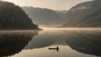 En fredelig og idyllisk scene av en person som fisker gjedde i en norsk innsjø