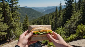 En person som holder en matinnpakning med en variasjon av snacks og en naturskjønn tursti i bakgrunnen.