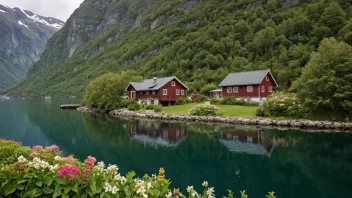 Et idyllisk fjordpensjonat i Norge, omgitt av fjell og vann.