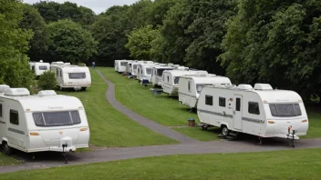 En caravanplass med flere campingvogner parkert og mennesker som nyter utendørsaktiviteter.