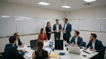 En gruppe mennesker i et møterom, omgitt av whiteboard og bærbare datamaskiner, diskuterer og planlegger en strategi.