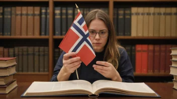 En person leser en bok med et norsk flagg i bakgrunnen, omgitt av lovverk og dokumenter, som illustrerer begrepet språkbestemmelser i Norge.