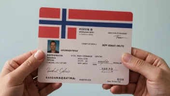 En person som holder et dokument med norsk flagg i bakgrunnen