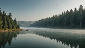 Et fredelig landskap med en tåkete skog og en rolig innsjø.