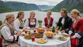 En mangfoldig gruppe mennesker feirer norsk kultur.