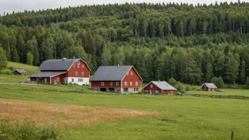 En tradisjonell norsk gård med et gårdshus og en låve.