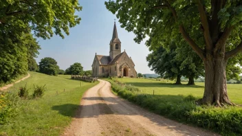 Et fredelig bilde av en svingete sti som fører til en kirke på landet