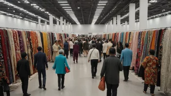 En tekstilmesse med ulike boder og mennesker som ser på stoffer og design.