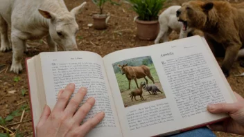 En person sitter på en sofa og leser en bok om dyr. I bakgrunnen er det flere dyr, inkludert hunder, katter og fugler.