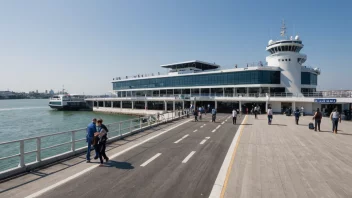 En moderne ferjeterminal med en stor ferje fortøyd og passasjerer som går på og av ferjen.