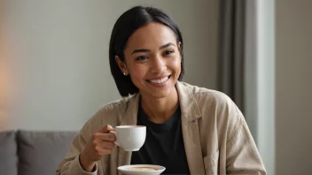 En person som besøker noen på formiddagen, med en kopp kaffe og et smil