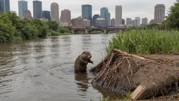 En bever som bygger en demning i en elv, med en by i bakgrunnen, som illustrerer sammenhengen mellom bever og urban utvikling.