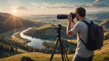 En kreativ illustrasjon av en fotograf som tar et bilde av et vakkert landskap.