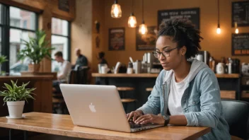 En friarbeider som arbeider på en laptop på en kaffebar.