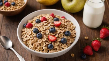 En sunn frokostbolle med fullkornsgryn, melk og fersk frukt.