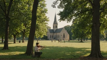 En fredelig scene med en kirke og en person som spiller musikk, omgitt av natur.