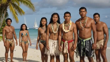 En gruppe stillehavsfolk i tradisjonelle klær, stående på en strand med en seilbåt i bakgrunnen.