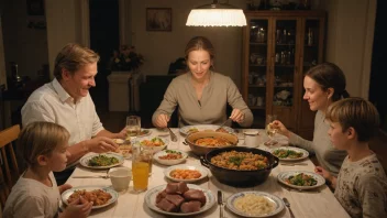 En familie som nyter en tradisjonell norsk måltid på en søndag