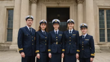 En gruppe museumsansatte i uniform, stående foran en museumsbygning.