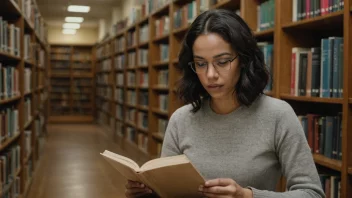 En person som sitter i et bibliotek, omgitt av bøker og papirer, leser en fagartikkel med en tankefull uttrykk.