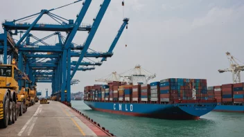 Et containerskip fortøyd ved en havn, med last som blir losset og transportert til et nærliggende lager.