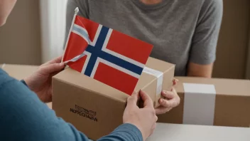 En person med bekymret uttrykk som mottar en pakke med norsk flagg på, som symboliserer støtte og hjelp.