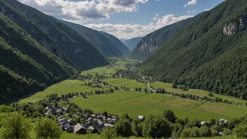 Et malerisk landskap med en dal omgitt av majestetiske fjell og en sjarmerende landsby i sentrum.